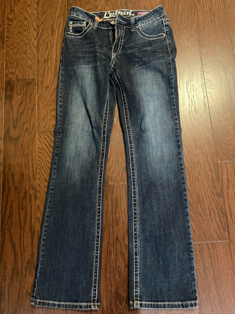 Petrol Women's Dark Blue Flare Jeans with Embroidered Back Pockets, size 28